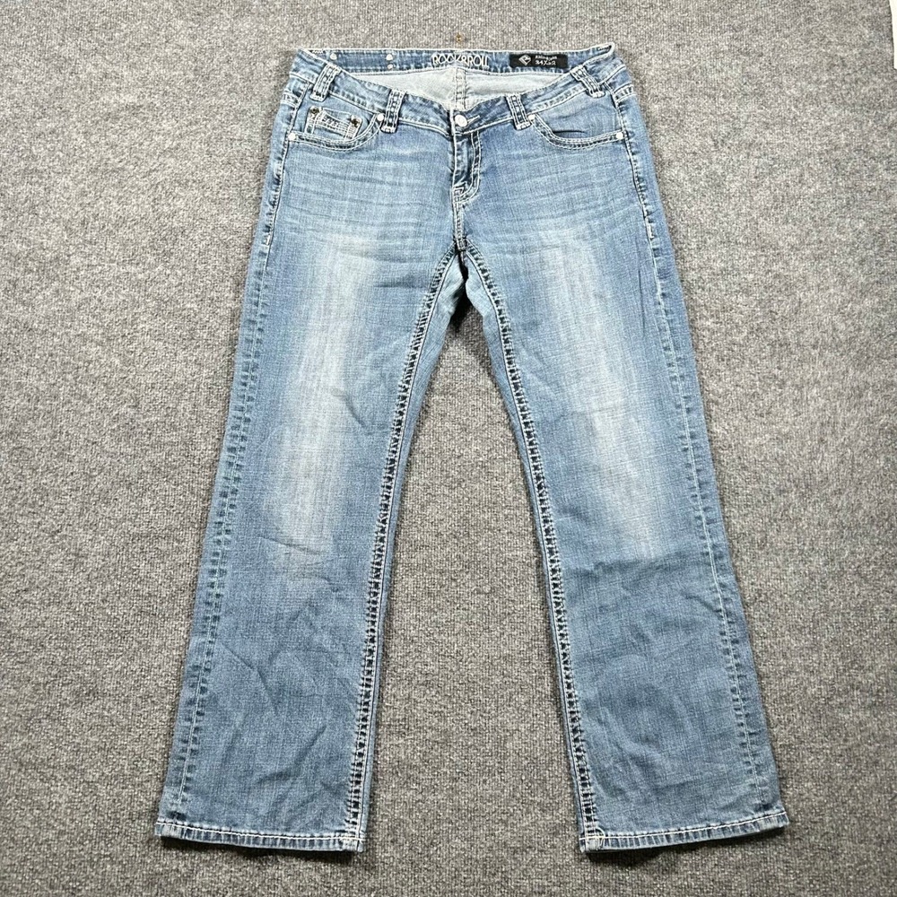 Rock and Roll Cowgirl Jeans Womens Size 34 Blue Riding Jean Bootcut Rhinestone